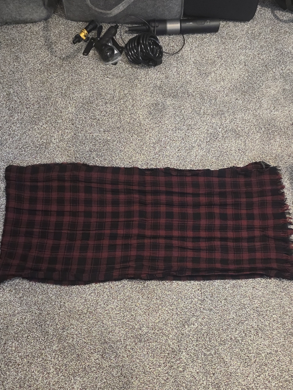 John Varvatos Black and Burgundy Plaid Scarf 100% Merino . 80 Inches Long